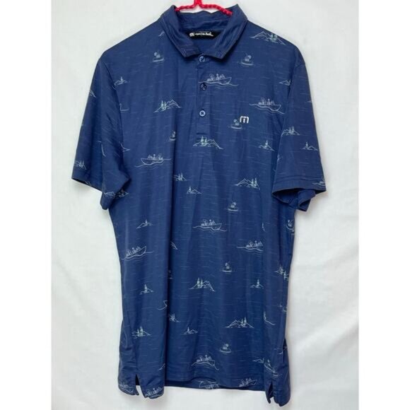 Travis Mathew Men L Blue Golf Polo Shirt Mountain Print Short Sleeve Performance - Picture 1 of 9